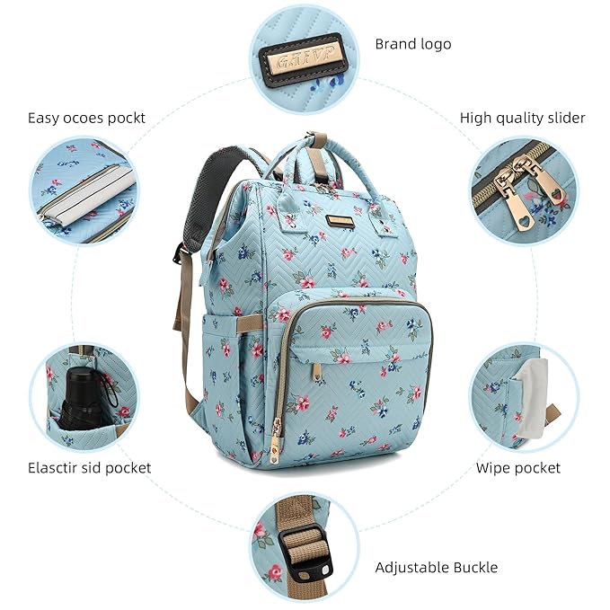 Diaper Bag Backpack for Women, Baby Bags for Girls,Diaper Bag with Changing Pad, and Insulated Pockets-Blue Flowers-CubbioJoy