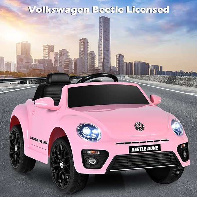 Costzon Ride on Car, 12V Licensed Volkswagen Beetle Battery Powered Vehicle w/Remote Control, Spring Suspension, Lights, USB, Horn, Music, 4 Wheeler for Boy Girl Gift, Electric Car for Kids, Pink-CubbioJoy