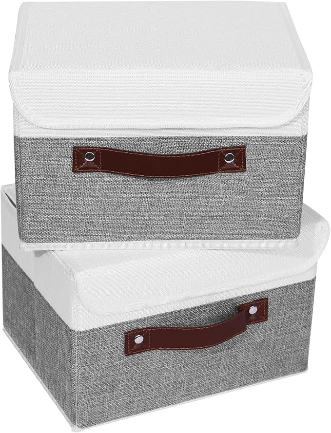 ANMINY 2PCS Storage Boxes with Lid Washable Decorative Storage Bins Basket with PU Leather Handle Foldable Linen Fabric Storage Cubes Containers for Home Closet Organizer - Gray White, Small Size-CubbioJoy