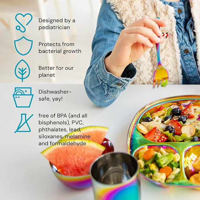 Ahimsa Stainless Steel Kids Dinnerware Set - 5 Piece Stainless Steel Toddler Plates and Bowls Set, Pediatrician Designed, Non Toxic Toddler Plate and Bowl, Kids Utensils and Cup (Rainbow)-CubbioJoy
