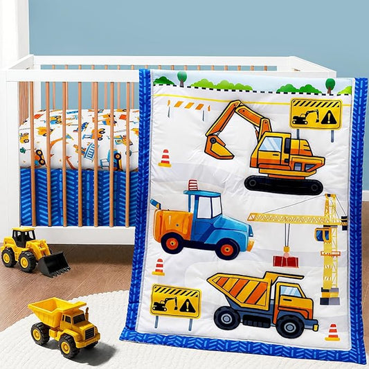 3 Piece Baby Boy Crib Bedding Set Construction Theme Baby Comforter Set for Crib Nursery Bed Set Decor with Fitted Crib Sheet, Comforter and Skirt for Boys Girls (Construction)-CubbioJoy