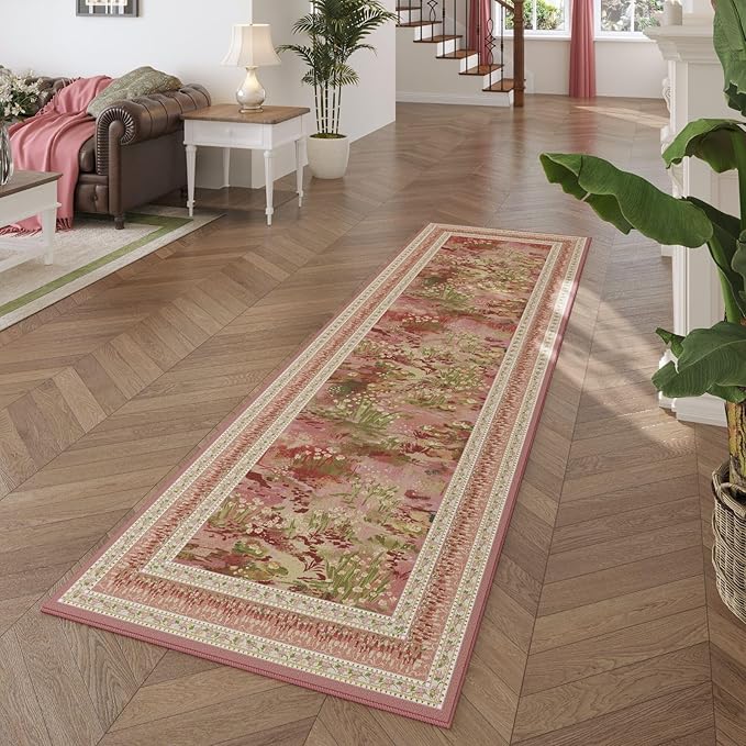 2x6 Runner Rug Impressionist-Style Vintage Kitchen Rugs Non Slip Washable Soft Carpet Runner for Kitchen Laundry Bedroom Bathroom, Pink-CubbioJoy