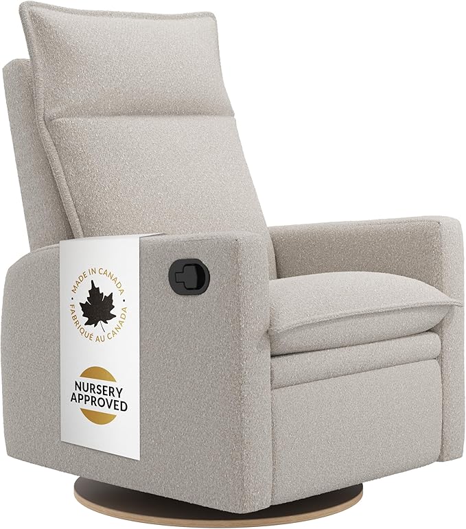 Arya Modern Nursery Glider Recliner Chair – Cozy Nursing Chair with 360° Swivel for New Parents, Gentle Motion, Compact Design, High Back & Low Armrests, Canadian Made (Vanilla/Beyond Sheep Fabric)-CubbioJoy