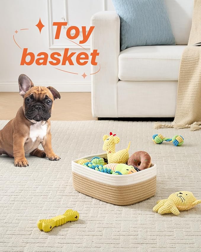 KALLAX Small Woven Basket, 12 x 8 x 4.5 Inches, Storage Basket for Organizing, Cute Small Rope Shelf Closet Cube Storage Bins Baskets for Shelves, Dog Toy Gift Baskets Empty, 3 Pack White & Brown-CubbioJoy