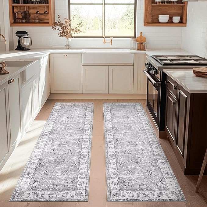 jinchan Runner Rug 3x8-2pcs Kitchen Washable Vintage Rug Hallway RugFloral Print Floor Cover Indoor Thin Retro Mat Accent for Bathroom Laundry Room Bedroom Office Farmhouse (Double,Grey)-CubbioJoy