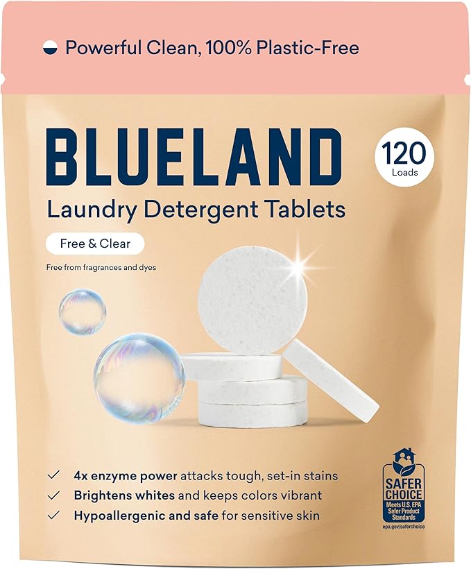 BLUELAND Laundry Detergent Tablets, 120 Count, Plastic-Free Eco-Friendly Pods, Sheets, Liquid Alternative - Fragrance Free and Clear, Natural, Gentle-CubbioJoy