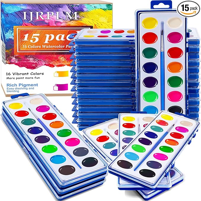 15 Pack Watercolor Paint Set for Kids, 16 Colors Washable Water Colors with Paint Brushes, Washable for Classroom Party Favor Art Activities-CubbioJoy