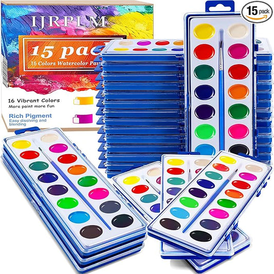 15 Pack Watercolor Paint Set for Kids, 16 Colors Washable Water Colors with Paint Brushes, Washable for Classroom Party Favor Art Activities-CubbioJoy