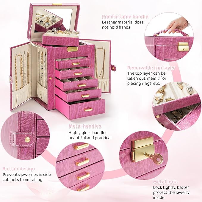 AKOZLIN 6-Tier Jewelry Box Lockable Leather Jewelry Storage Case with 5 Drawers for Women Girls Ring Necklace Earring Bracelet Holder Organizer with Mirror Rose-CubbioJoy