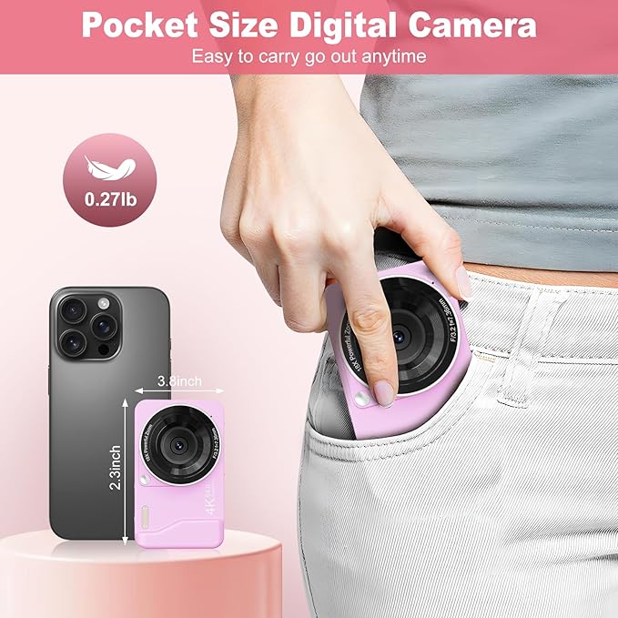 Digital Camera, 4K 64MP, 18X Zoom, Point and Shoot Digital Camera with 64GB TF Card & 2 Batteries, Portable Rechargeable Small Camera for Kids Teens Adult, Purple-CubbioJoy
