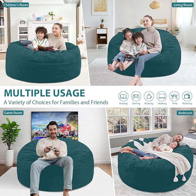 3FT Bean Bag Chair, Comfy Bean Bag Chairs with Memory Foam Filled, Fluffy Beanbag Sofa with Dutch Velvet Cover, Round BeanBag Chairs for Living Room, Playroom - Sea Blue-CubbioJoy