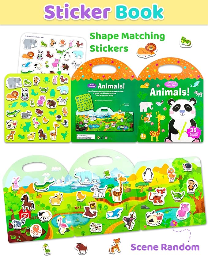 Benresive Reusable Sticker Books for Kids 2-4, Sticker Books for Toddlers 1-3 2-4, Toddler Travel Toys Activities Crafts Gifts - Animals-CubbioJoy