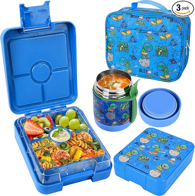 Bento Lunch Box Set With 10oz Soup Thermo, Leak-proof Lunch Containers with 4 Compartment, Kids Hot Thermo Food Jar/Insulation Lunch Bag, Food Containers for School（Dinosaur）-CubbioJoy