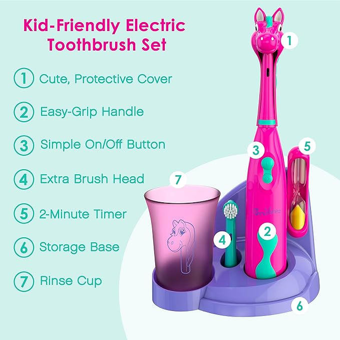 Brusheez Kids’ Electric Toothbrush Set - Safe & Effective for Ages 3+ - Parent Tested & Approved with Gentle Bristles, 2 Brush Heads, Rinse Cup, 2-Minute Timer, & Storage Base (Prancy The Pony)-CubbioJoy
