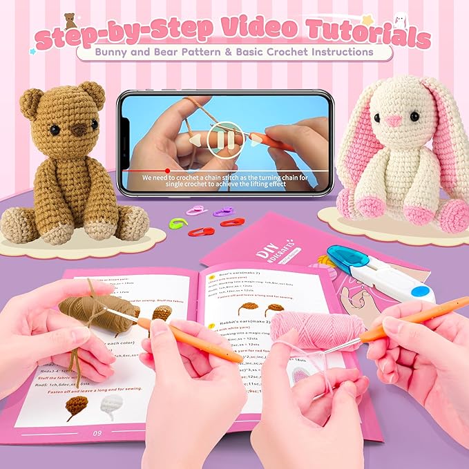 Crochet Kit for Beginners, Bunny and Bear Crochet Animal Kit with Step-by-Step Video Tutorials, Crocheting Kit for Starters, Beginner Crochet Kit for Kids and Adults, DIY Stuffed Animal Knitting Kit-CubbioJoy