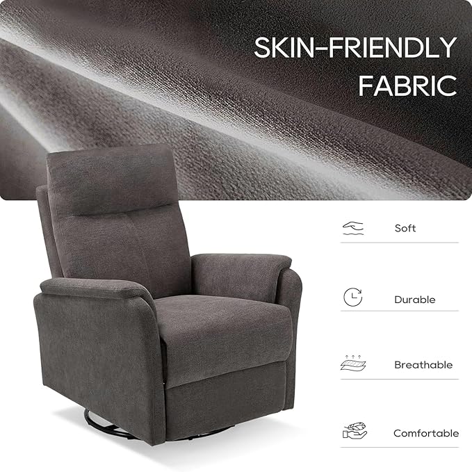 COLAMY Swivel Recliner Chair with Footrest, Strong Glide Chair High Back with Double-Layer Cushion, Rocker Recliner for Nursery & Living Room, Bedroom, Charcoal-CubbioJoy