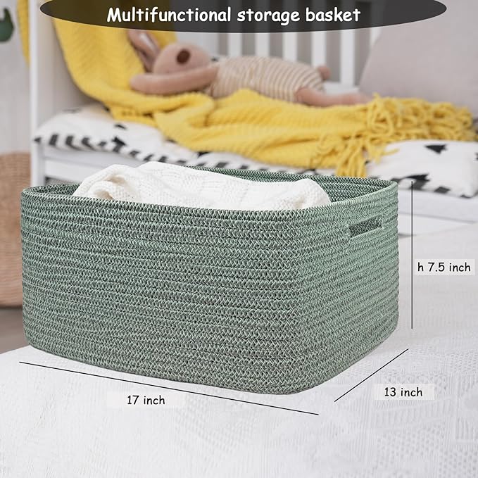 COMFY-HOMI Cotton Rope Woven Basket with Handles for Shelves,Toys,Book, Cloth Storage Baskets for Organizing-17" x 13" x 7.5" Toy Decorative Organizer for Living Room, Bathroom （Green）-CubbioJoy