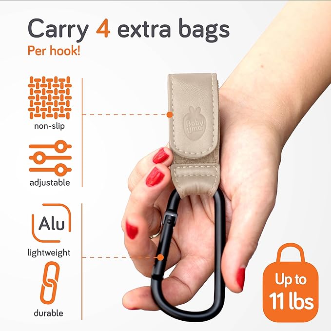 Baby Uma Stroller Hooks for Bags (2 Pack) - Leather-Style Stroller Clips and Hooks, Non-Slip Stroller Accessories, Carry 11 lbs Per Stroller Hook, Universal Baby Essentials & Stroller Accessories-CubbioJoy