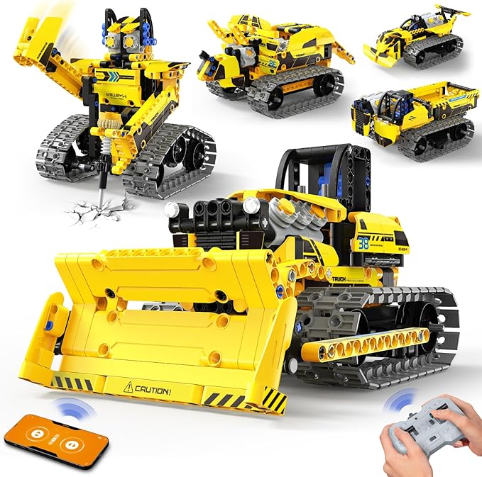 5 in 1 STEM Robot Toy Building Kit, 452 PCS Blocks App & Remote Control Engineering Toys Robotics for Kids Ages 8-12, RC Bulldozer Erector Sets for Boys Girls 6 7 9 10 11 13 14+ Birthday Gifts-CubbioJoy