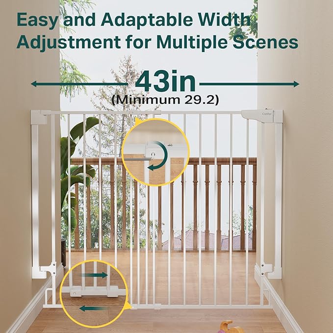 Cumbor 34" Extra Tall No Bottom Bar Baby Gate for Stairs, Auto Close Dog Gate Indoor for Larger Pets, 29.2-43" Hardware Mounted Safety Gate for Doorways, Wide Walk Thru Door for Easy Access (White)-CubbioJoy