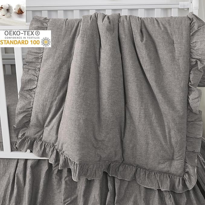 Brandream Crib Bedding Set 3 Pieces Ultra Soft 100% Cotton Bohemian Neutral Solid Grey Crib Comforter, Crib Sheet, Crib Skirt, Farmhouse Chic Ruffle Baby Girl Boys Nursery Bedding-CubbioJoy