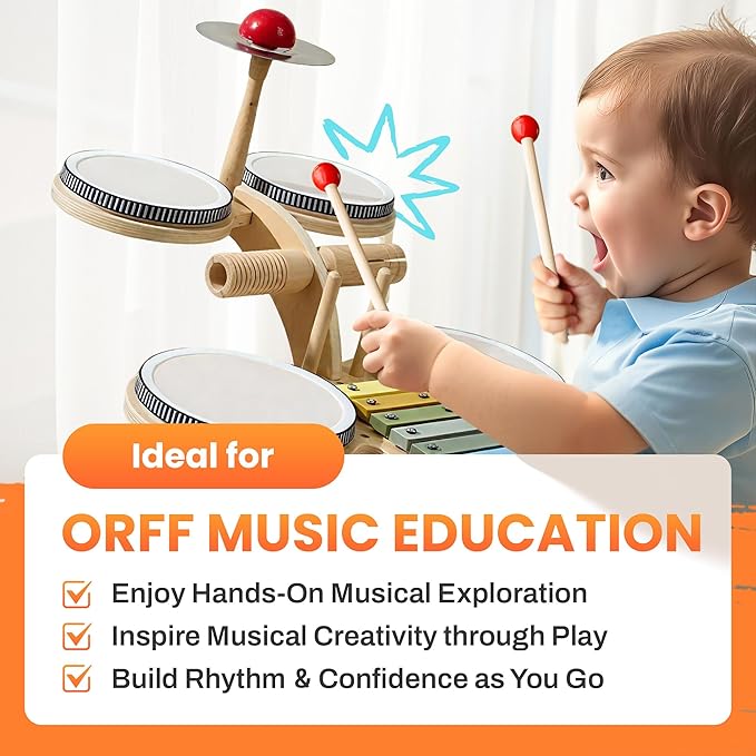 iPlay, iLearn Toddler Wooden Drum Set, Kids Musical Instruments Toy, 8 in 1 Percussion Drum Kit W/Xylophone Cymbal, Baby Montessori Learning Birthday Gifts for 18 Month, 2 3 4 5 6 Year Old Boy Girl-CubbioJoy
