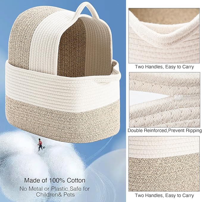 Cotton Rope Woven Storage Basket, Used for Baby Hamper Toy Organizer, Gift Baskets Empty,Kids Laundry Basket,Baby Blanket Basket. Size 15x10x8.7 Inches. (White&Brown-3PCS)-CubbioJoy