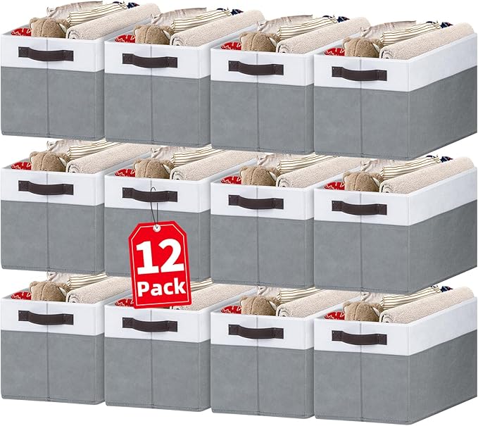Criusia 12 Pack Large Storage Baskets for Shelves | Fabric Closet Organizers and Storage Bins with Handles for Home Organization | Decorative Collapsible Basket for Organizing Clothes Toy Nursery-CubbioJoy