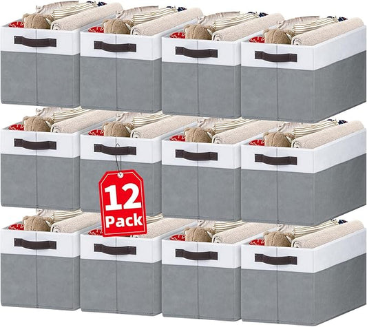 Criusia 12 Pack Large Storage Baskets for Shelves | Fabric Closet Organizers and Storage Bins with Handles for Home Organization | Decorative Collapsible Basket for Organizing Clothes Toy Nursery-CubbioJoy