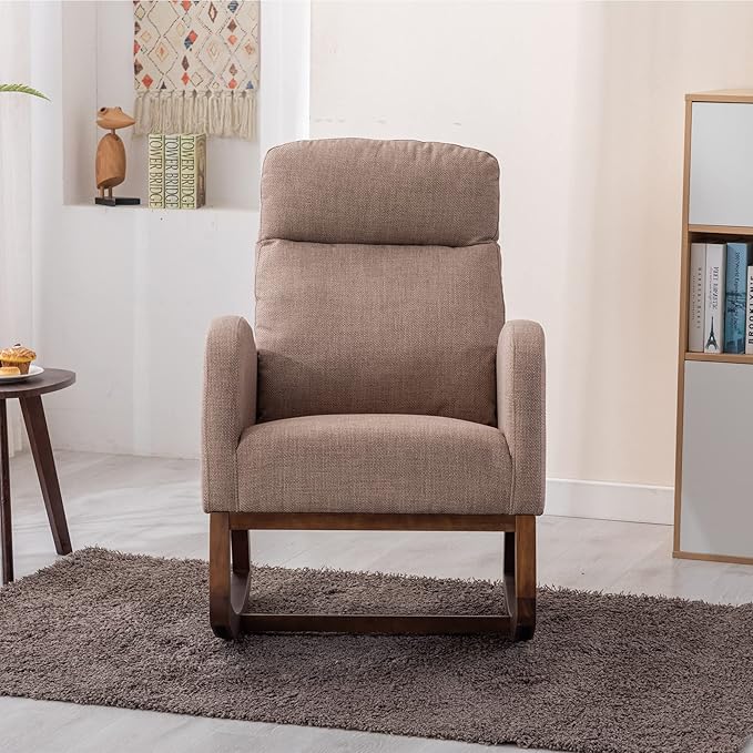 Dolonm Nursery Rocking Chair for Living Room, Upholstered Mid-Century Modern Nursery Rocking Armchair Tall Back Accent Glider Rocker, Camel-CubbioJoy