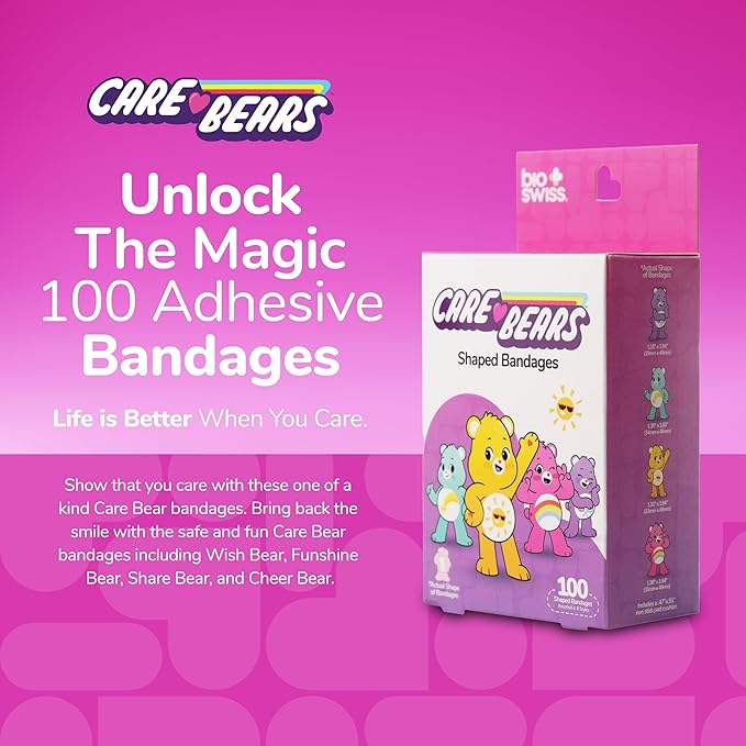 BioSwiss Care Bears Bandages, Unlock The Magic Care Bear Shaped Self Adhesive Bandage, Latex Free Sterile Wound Care, Fun First Aid Kit Supplies for Kids, 100 Count-CubbioJoy