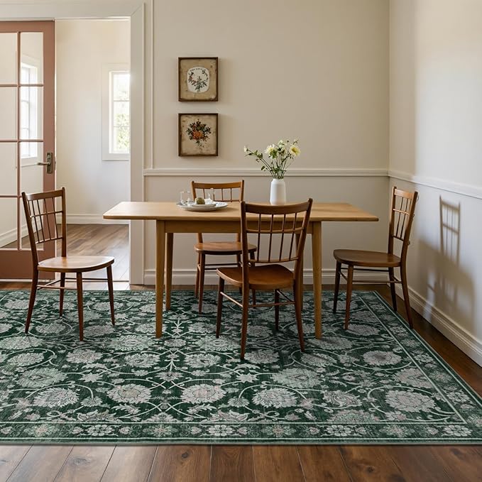 6x9 Area Rug for Living Room & Bedroom, Washable Non-Slip Floral Rugs, Soft Vintage Carpet, Low Pile Wool Carpets for Indoor Dining Home Office Playroom Under Table, Modern Decor, Dark Green-CubbioJoy