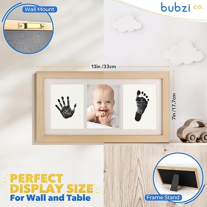 Bubzi Co Baby Handprint Kit & Footprint Photo Frame for Newborn Girls and Boys, Unique Baby Shower Gifts Set for Registry, Memorable Keepsake Decorations for Room Wall or Nursery Decor (Natural Wood)-CubbioJoy