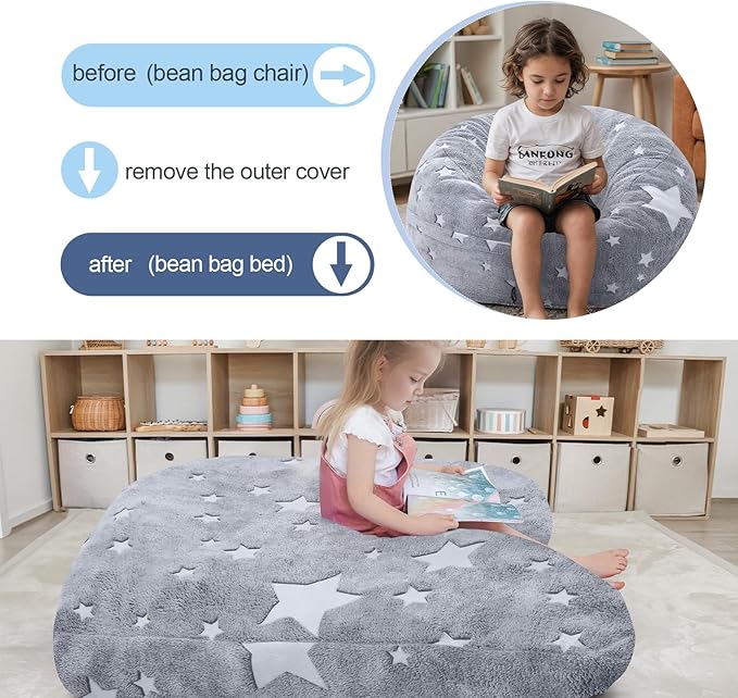 COMAX Kids Bean Bag Chair Turn into Beanbag Bed, Unicorn Toddler Bean Chair for Girl Boy Sleeping, Lazy Children Sofa Couch with Filler, Convertible Child Floor Mattress, Glowing Grey Star-CubbioJoy