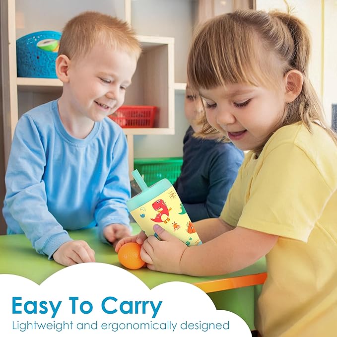 Kid Insulated Stainless Steel Tumbler with Silicone Straw, 12oz Sippy Cup for Kids (Playful Dinosaurs)-CubbioJoy