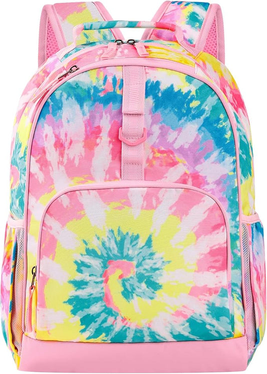 Choco Mocha Tie Dye Backpack for Girls, Elementary School Backpack for Girls Ages 6-8 Kids Kindergarten Backpack Bookbag 17 Inch with Chest Strap, Colorful-CubbioJoy