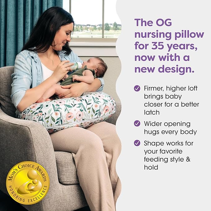 Boppy Nursing Pillow - Ergonomic Bottle & Breastfeeding Pillow with High, Firm, Large Area, Water-Repellent Cushion with Washable Cover; Baby Safety Alliance Verified - Pink Garden Flowers-CubbioJoy