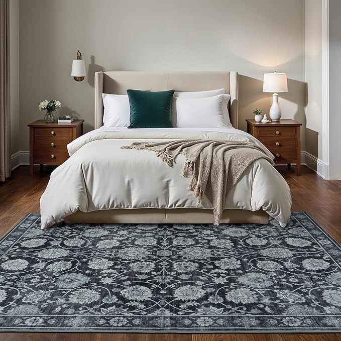 Area Rug 5x7 for Living Room & Bedroom, Large Washable Rugs, Soft & Non Slip, Vintage Carpet, Low Pile Wool Carpets for Indoor Under Table Dining Home Office Nursery Playroom, Black-CubbioJoy