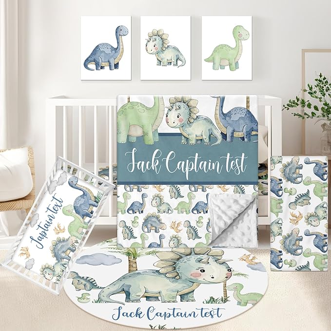 Custom Baby Crib Bedding Set, 5 Pcs Personalized Name Green Dino Baby Crib Set for Kid Infant Toddler, Double Layer Customized Present-CubbioJoy