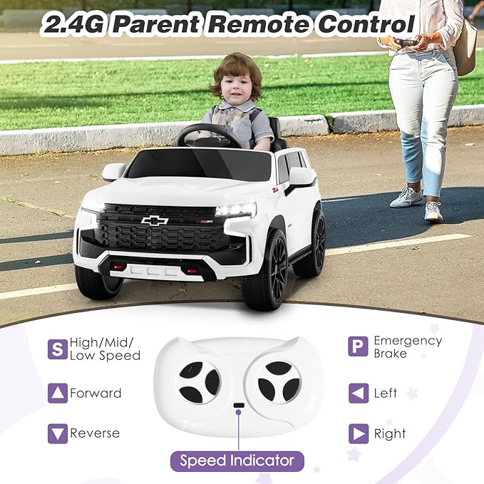 Costzon Ride on Car, 12V Licensed Chevrolet Tahoe Battery Powered Electric Vehicle w/ 2.4G Remote Control, High/Low Speed, Music, Lights, MP3/USB/FM, Spring Suspension, Electric SUV for Kids (White)-CubbioJoy