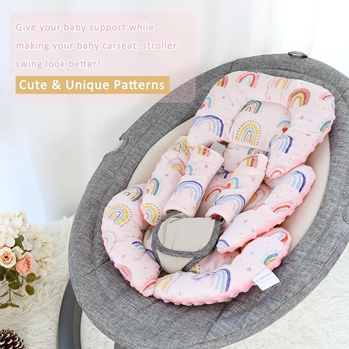 Infant Car Seat Insert, Car Seat Head Support Baby Girls Boys, Soft & Reversible Newborn Carseat Insert Cushion with 2 Strap Covers, for Stroller, Swing, Bouncer (Pink Rainbow)-CubbioJoy