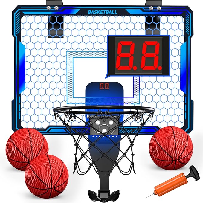 Basketball Hoop Indoor, Mini Basket Ball Hoop with 7 LED Lighting, Scoreboard, Over Door Basketball Hoop with 3 Modes, Volume Adjustable, Foldable, Basketball Toys Gifts for Kids Adults (Blue)-CubbioJoy