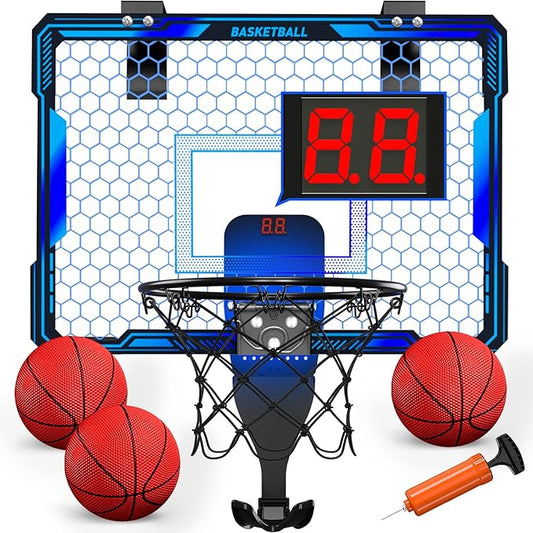 Basketball Hoop Indoor, Mini Basket Ball Hoop with 7 LED Lighting, Scoreboard, Over Door Basketball Hoop with 3 Modes, Volume Adjustable, Foldable, Basketball Toys Gifts for Kids Adults (Blue)-CubbioJoy