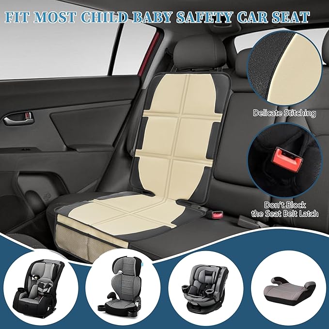 Car Seat Protector for Child Car Seat, 2 Pack Baby Car Seat Covers with Mesh Pockets & Non-Slip Backing 600D Durable Seat Protector Under Baby Car Seat for Car Back Seat (Beige, Large)-CubbioJoy