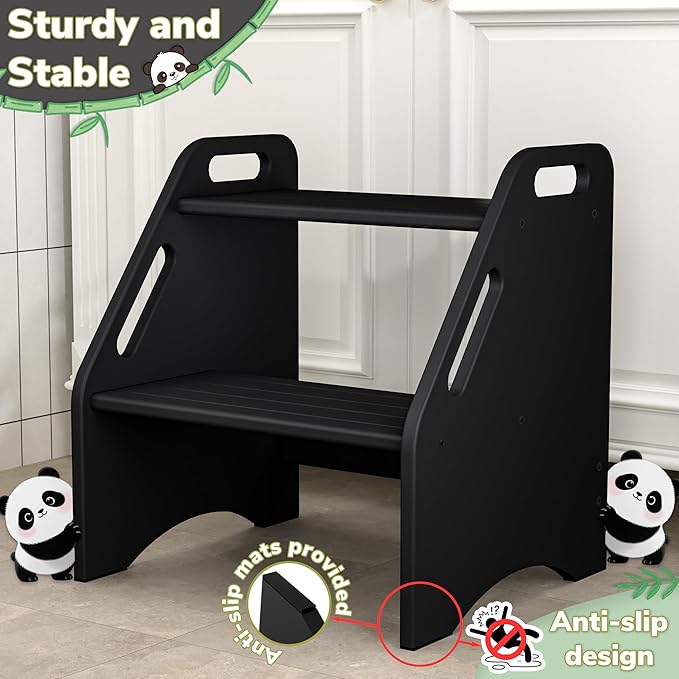 AMBIRD Wooden Step Stool, 15.75'' H Potty Training Toddler 300 lbs Capacity with Safety Non-Slip Pads and Handles, Step Stools for Kids, Bamboo 2-Step Stool for Bathroom, High Beds (Black)-CubbioJoy
