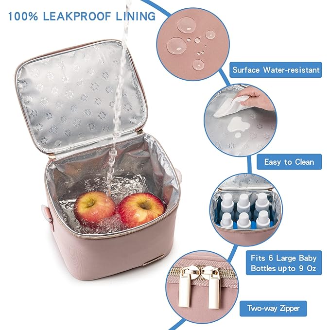 Breast Milk Cooler Bag with Ice Pack Fits 6 Baby Bottles Up to 9 Ounce, Baby Bottle Bag with Shoulder Strap for Nursing Mom Daycare, Pink-CubbioJoy
