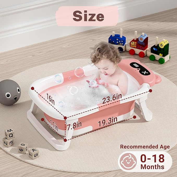 AVIDOR Baby Bathtub,Collapsible Bathtub for Newborn to Toddler,Durable Essential Infant Bath Tub,Portable Travel Baby Tub with Soft Cushion,No-Slip Hanging and Detachable(Pink)-CubbioJoy