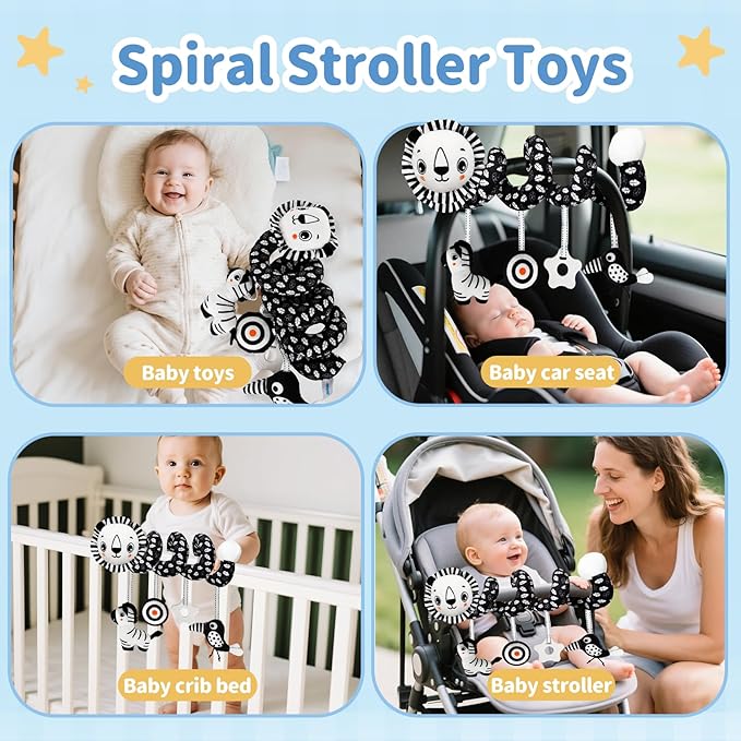 Car Seat Toys for Babies 0-6 Months,Hanging Rattle Toys for Crib Mobile, Baby Spiral Hanging Stroller Black and White High Contrast Toys for Newborn 0 3 6 9 12 Months Baby Boys Girls (Lion)-CubbioJoy