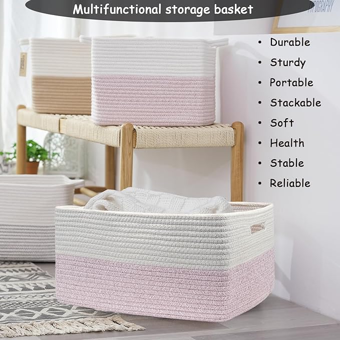 COMFY-HOMI Cotton Rope Woven Basket with Handles for Shelves,Toys,Book, Cloth Storage Baskets for Organizing-17" x 13" x 7.5" Toy Decorative Organizer for Living Room, Bathroom （white/pink）-CubbioJoy