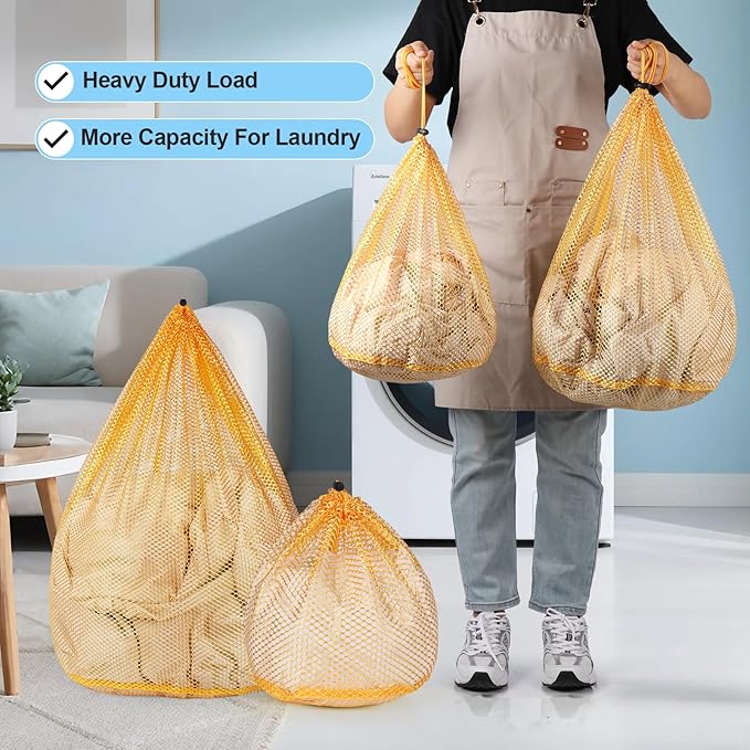 4Pcs Mesh Laundry Bags Washing Machine Mesh Wash Bags for Clothes,Underwear,Lingerie, Bed Linen with Drawstring Closure Sturdy(4 Size, Yellow)-CubbioJoy